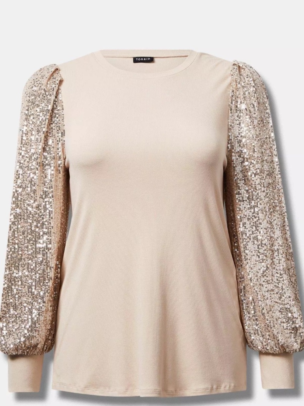 torrid‎ Cream Rib Crew Neck Sequin Balloon-Sleeve Top